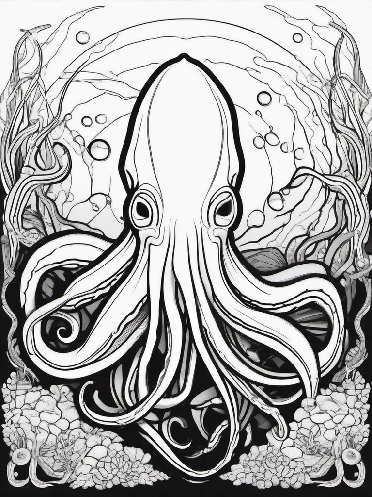 Giant Squid Coloring Pages - Elusive Deep Sea Creature  black outline printable sheet, coloring page