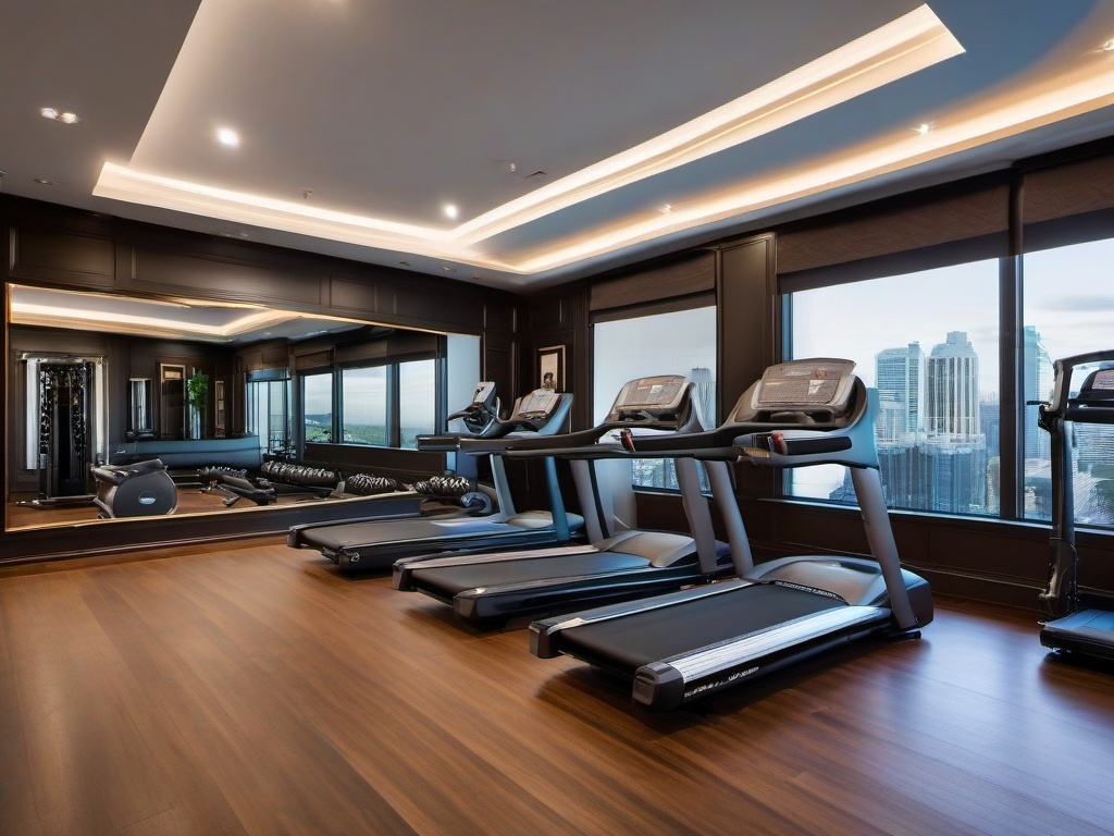 In the gym room, Regency interior design includes stylish equipment, elegant accents, and a refined atmosphere that enhances workouts and fitness activities.  