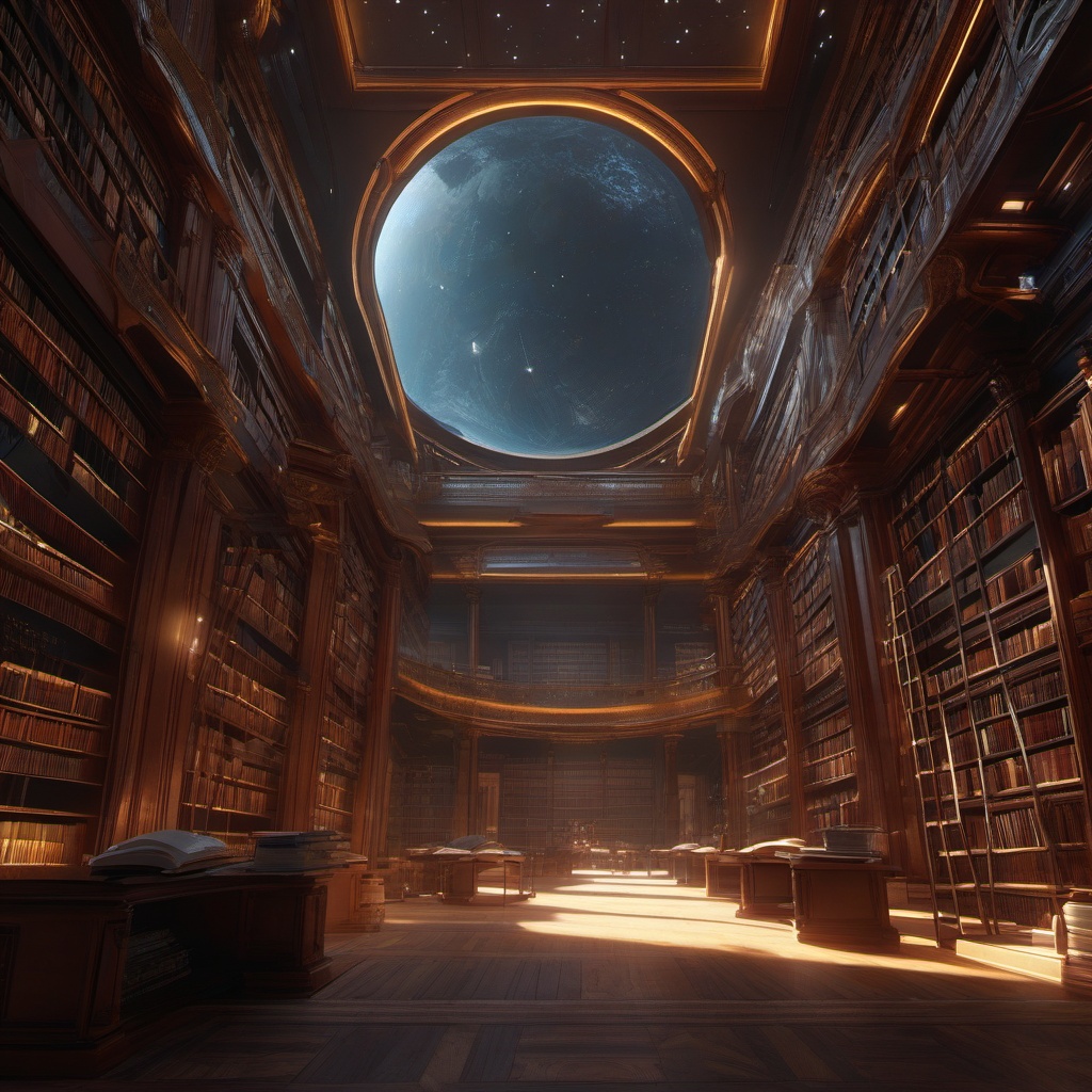 Sentient book in a library imparts knowledge to those who read it, changing their destinies. high concept art,8k,3D