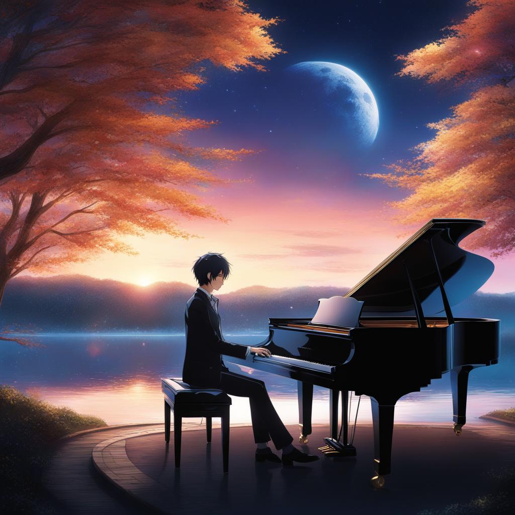 shigatsu wa kimi no uso,kousei arima,delivering a heartfelt piano performance to an enchanted audience,a moonlit lakeside hyperrealistic, intricately detailed, color depth,splash art, concept art, mid shot, sharp focus, dramatic, 2/3 face angle, side light, colorful background