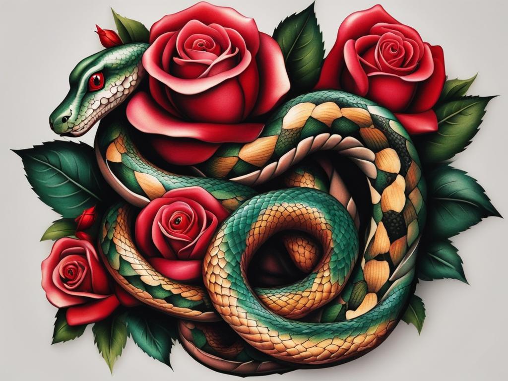 Snake with rose tattoo, Tattoos that blend the symbolism of snakes with the beauty of roses.  vivid colors, white background, tattoo design