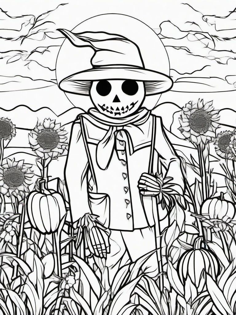 Scarecrow Coloring Pages - Spooky Halloween Field Protector  minimal black outline printable sheet, coloring page