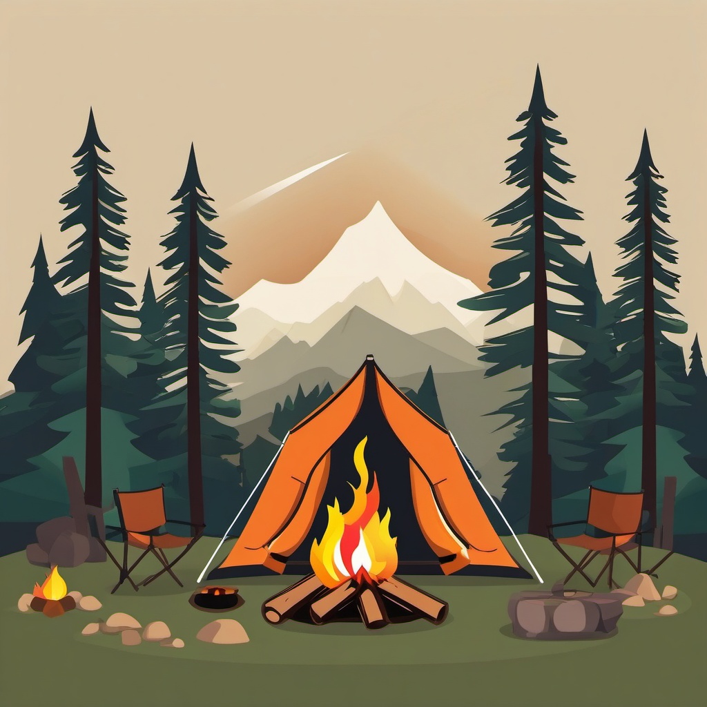 Camping Tent and Campfire Clipart - A tent and campfire in the wilderness.  color vector clipart, minimal style