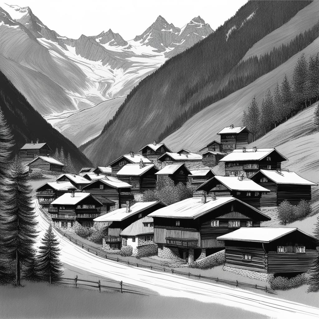 untouched lötschental - sketch the untouched beauty of lötschental, a remote valley in the swiss alps with traditional wooden houses. 