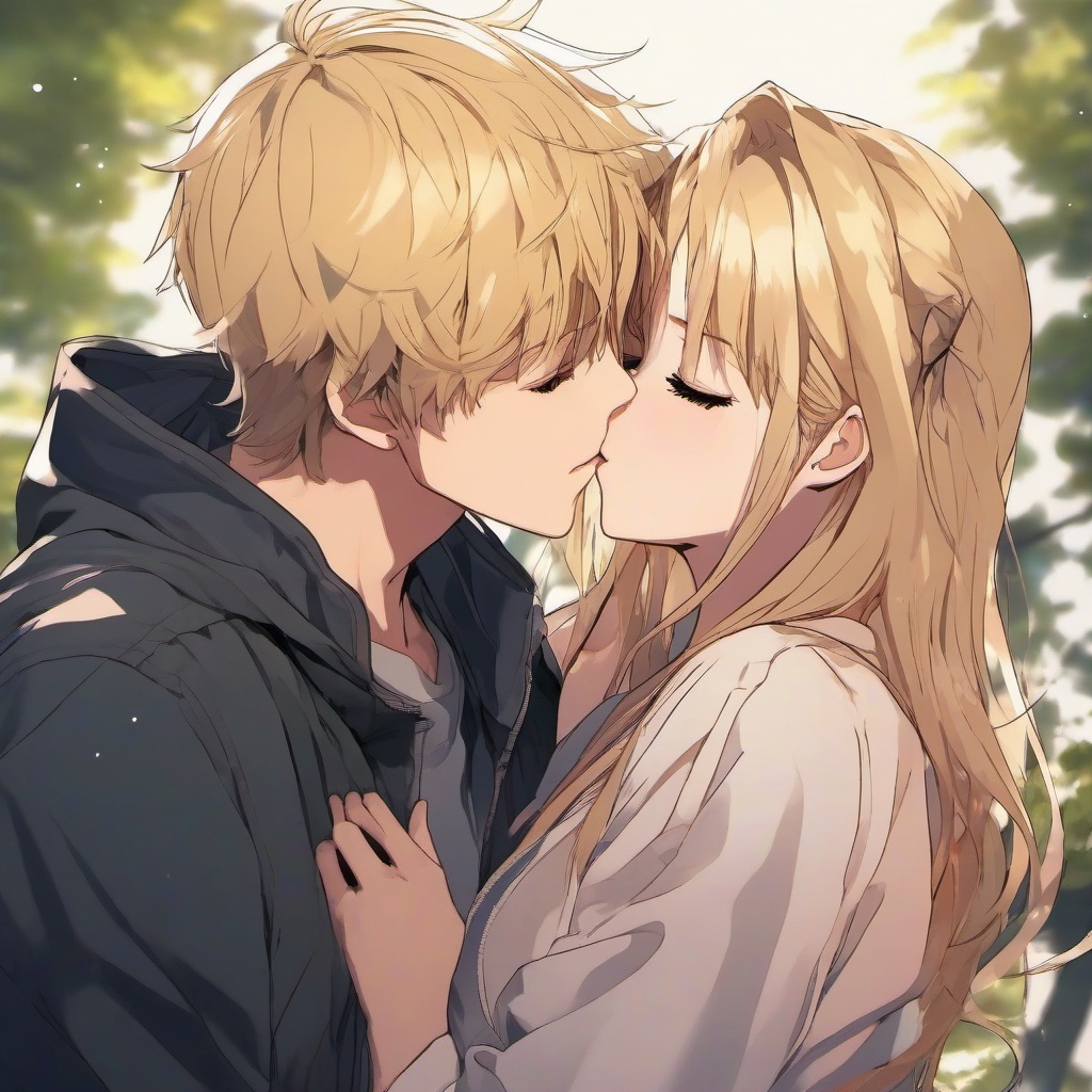 blonde girl kissing boy holding her head and waist her eyes open in shock  front facing ,centered portrait shot, cute anime color style, pfp, full face visible