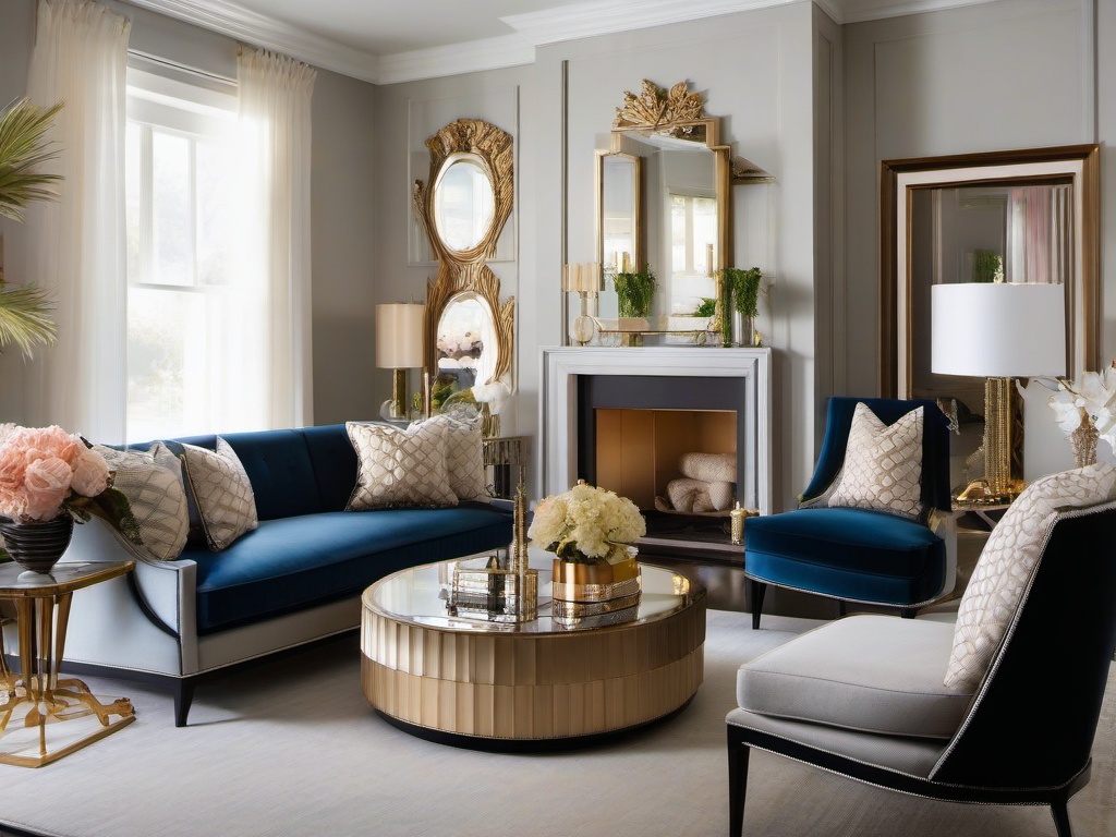 Hollywood Regency living room offers stylish furnishings, including plush sofas and decorative mirrors, creating a refined yet approachable space.  