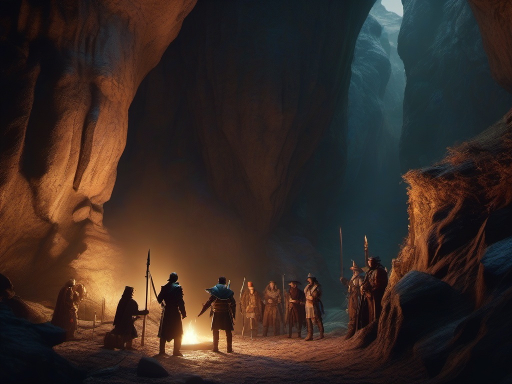 Group of adventurers encounters a sentient talking sword in a hidden cave while on a quest to save their kingdom.  8k, hyper realistic, cinematic