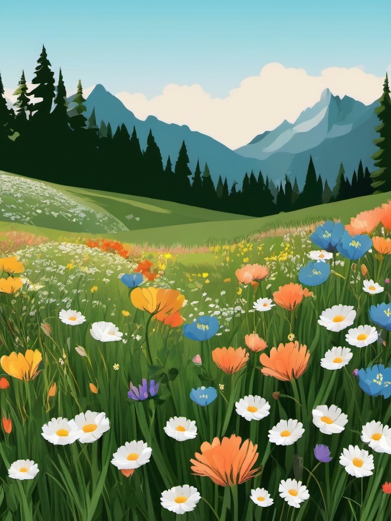 Alpine Wildflower Meadow clipart - Meadow filled with alpine flowers, ,vector color clipart,minimal