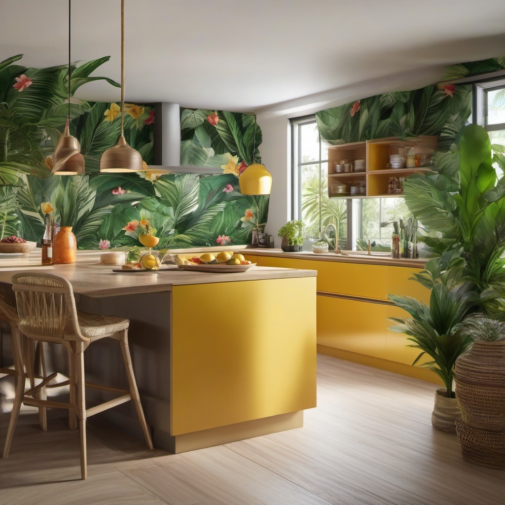 Tropical Island Paradise - Transform your kitchen into a tropical island-inspired space. , kitchen layout design ideas, multicoloured, photo realistic, hyper detail, high resolution,