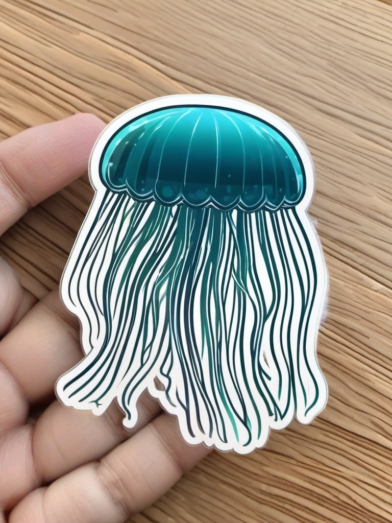 Box Jellyfish Sticker - A translucent box jellyfish with long trailing tentacles, ,vector color sticker art,minimal