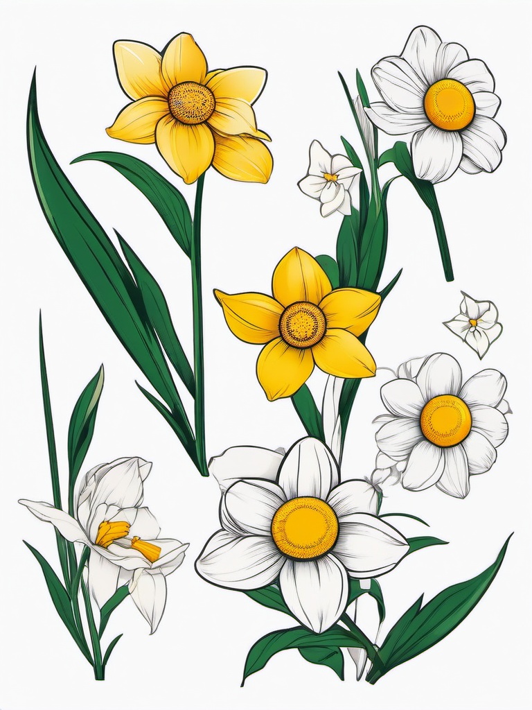 Daisy and Daffodil Tattoo-Symbolization of innocence and new beginnings with a tattoo featuring daisies and daffodils, capturing the essence of freshness.  simple color tattoo,minimal vector art,white background