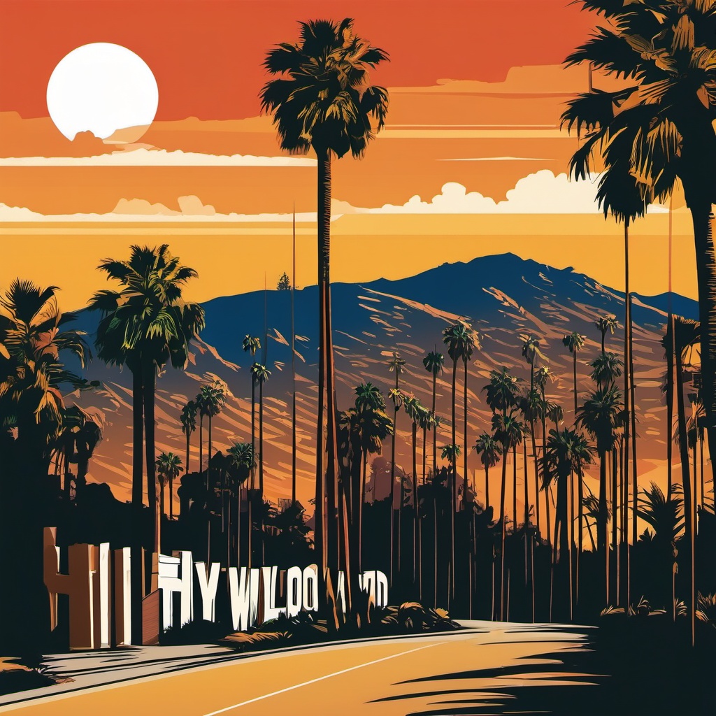 Los Angeles clipart - Hollywood Sign and palm trees in LA,  color vector clipart