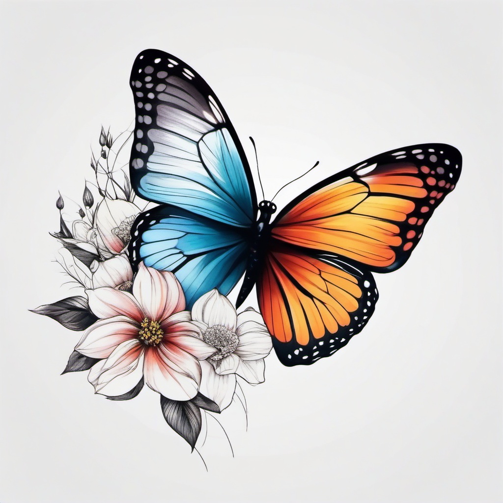 butterfly half flower  simple color tattoo,white background,minimal