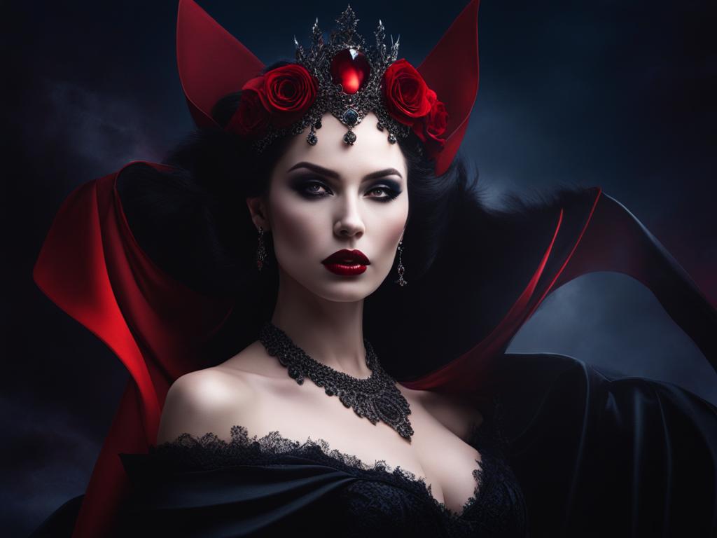 elegant vampire queen ruling over a dark and mysterious realm of the night. 