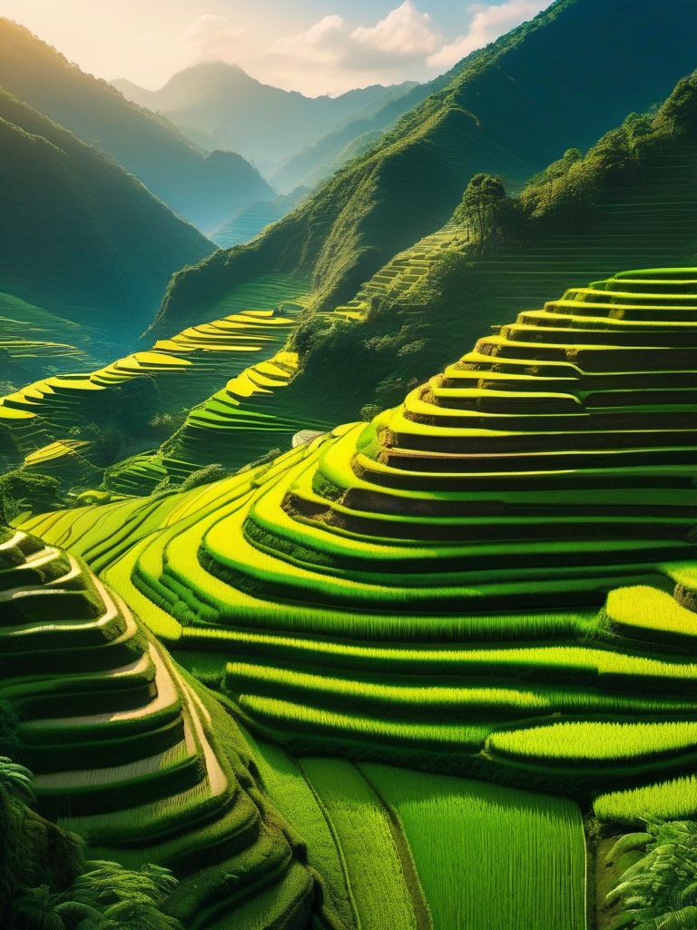 Lush terraced rice fields, carved into the mountainside, cascade down like nature's staircases, a testament to the harmonious relationship between humanity and the earth. hyperrealistic, intricately detailed, color depth,splash art, concept art, mid shot, sharp focus, dramatic, 2/3 face angle, side light, colorful background