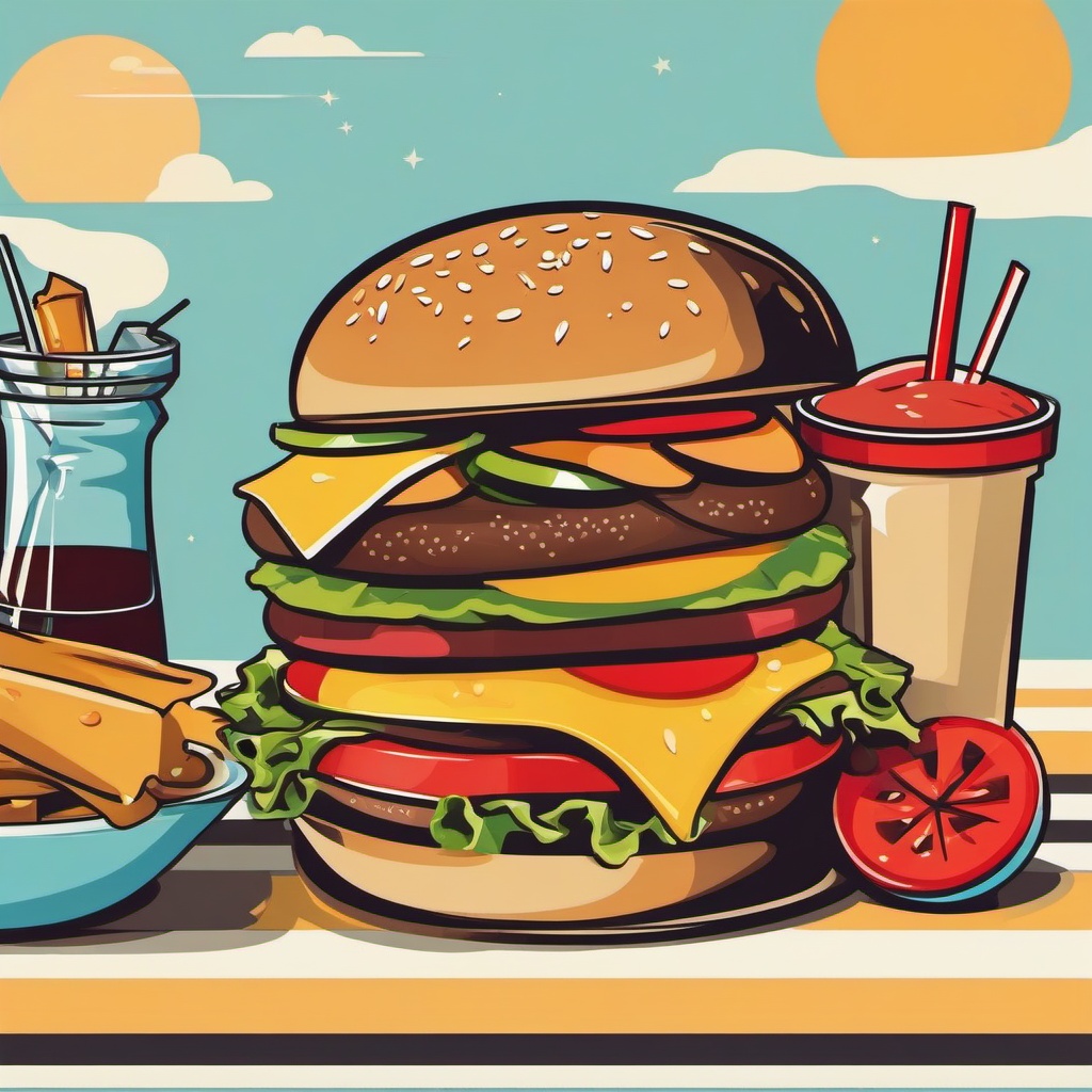 Burger clipart - burger and drinks at a summer barbecue  