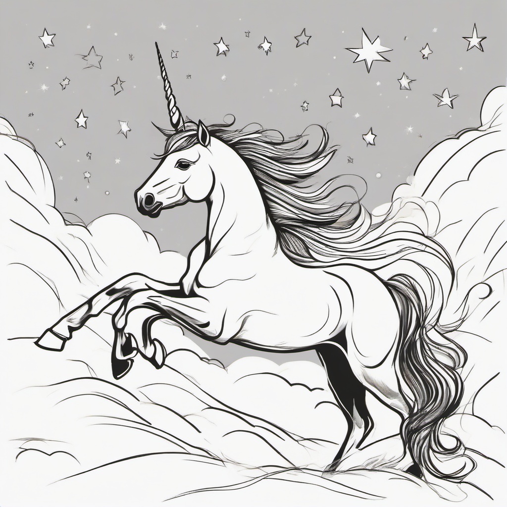 drawing of a unicorn with a shooting star  minimal rough sketch scribbles,doodles,black and white