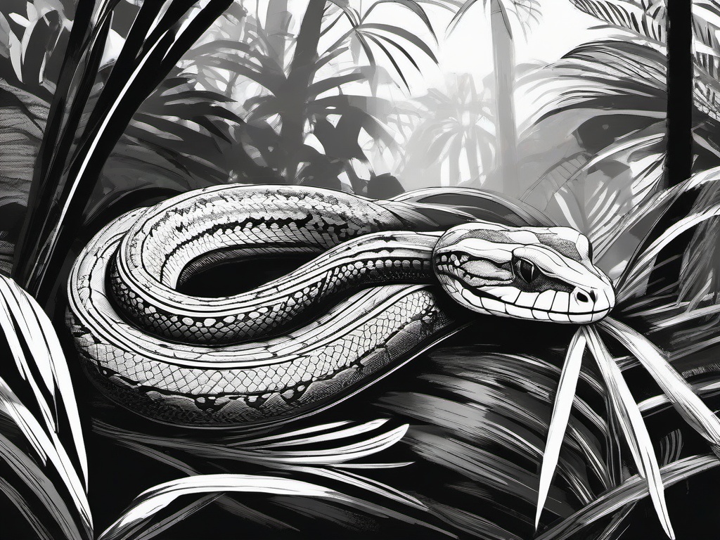 drawing of a boa constrictor in a jungle  minimal rough sketch scribbles,doodles,black and white