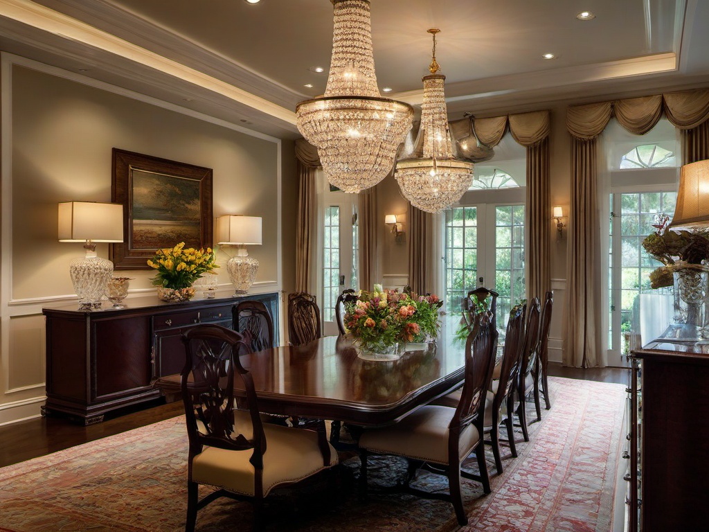 The dining room embodies traditional interior design with a grand wooden table, elegant china cabinets, and warm lighting that make every meal feel like a cherished occasion.  