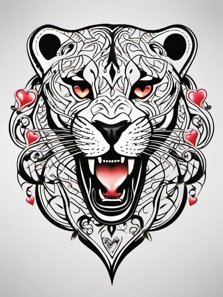 Panther with Hearts Tattoo-Symbolic tattoo design featuring panthers intertwined with hearts, capturing themes of love and strength.  simple color tattoo,white background