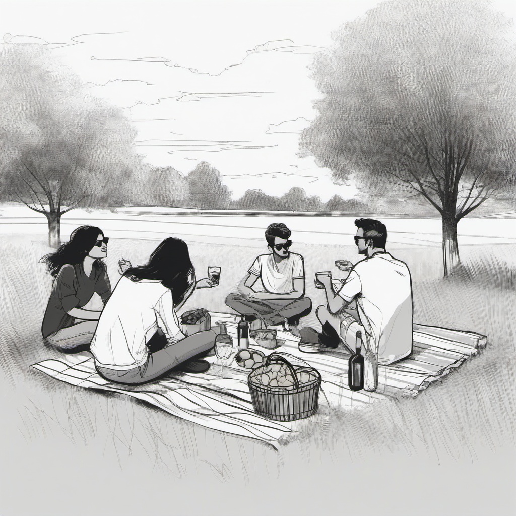 drawing of friends at a picnic  minimal rough sketch scribbles,doodles,black and white