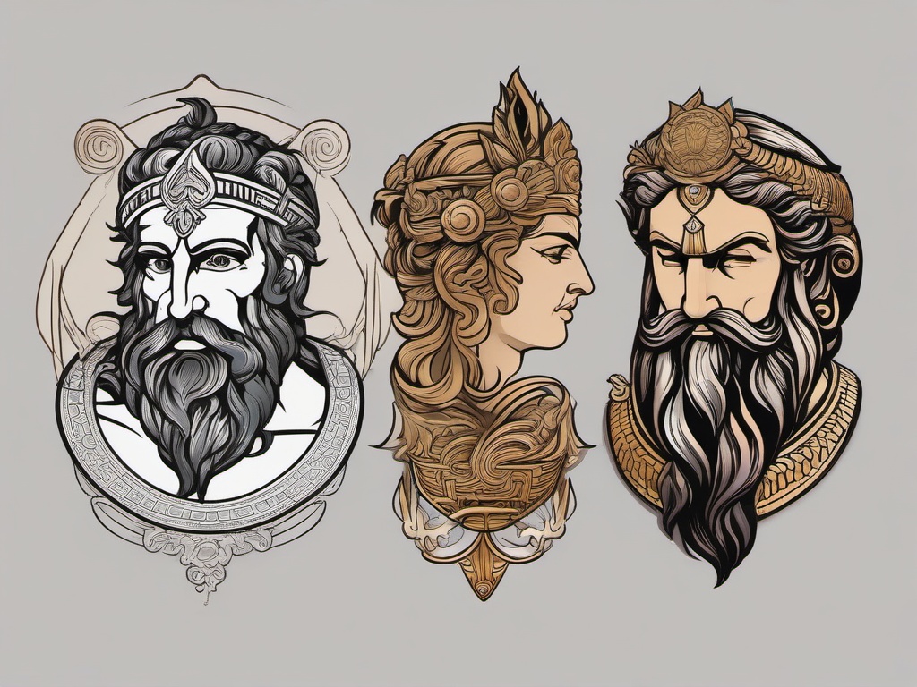 Tattoos of the Greek Gods-Intricate and detailed tattoos featuring Greek gods, capturing elements of mythology and ancient art.  simple color vector tattoo