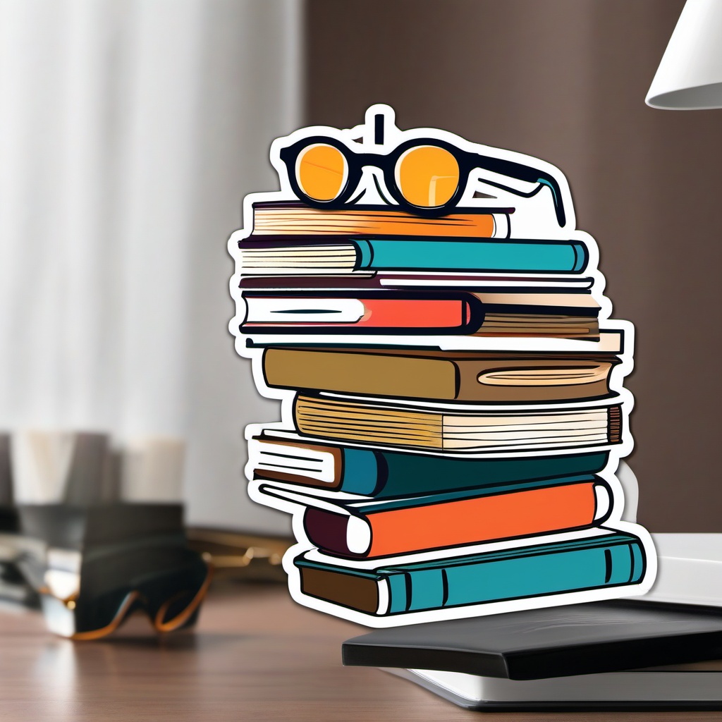 Book Stack and Glasses Sticker - Stack of books with stylish reading glasses, ,vector color sticker art,minimal