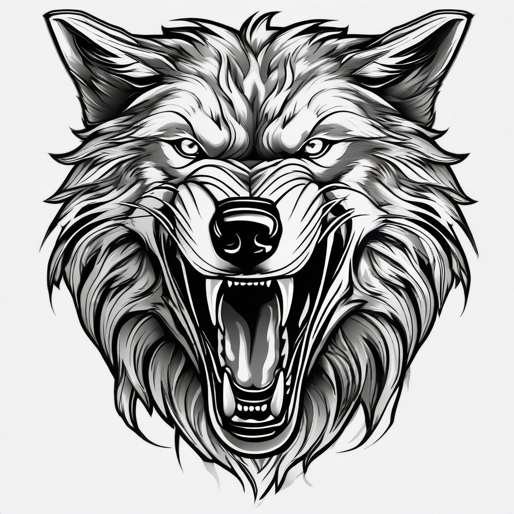 Growling Wolf Tattoo,ferocious wolf caught mid-growl, emblem of raw and untamed power. , tattoo design, white clean background