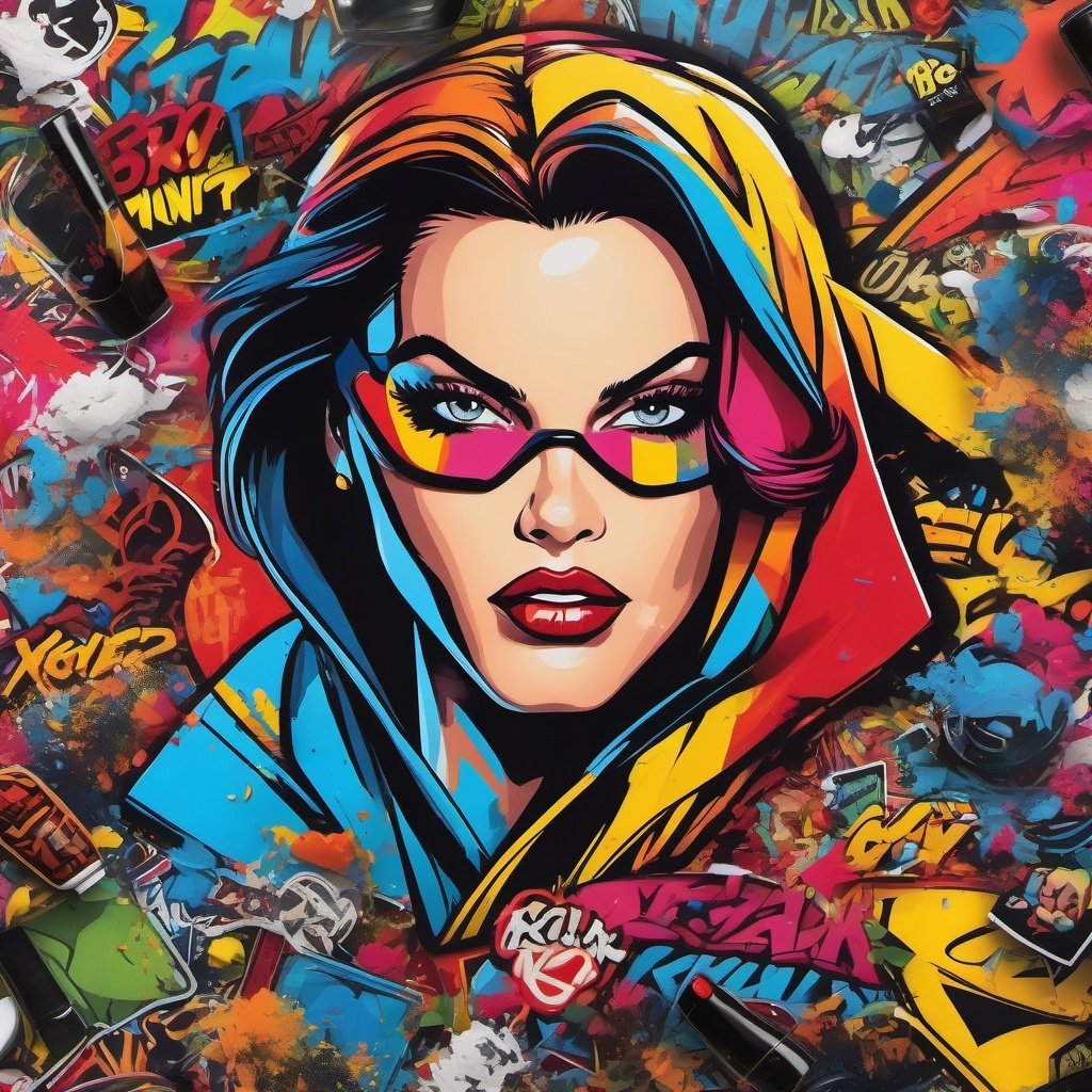 Graffiti featuring pop culture icons and vibrant, comic book colors top view, product photoshoot realistic background, hyper detail, high resolution