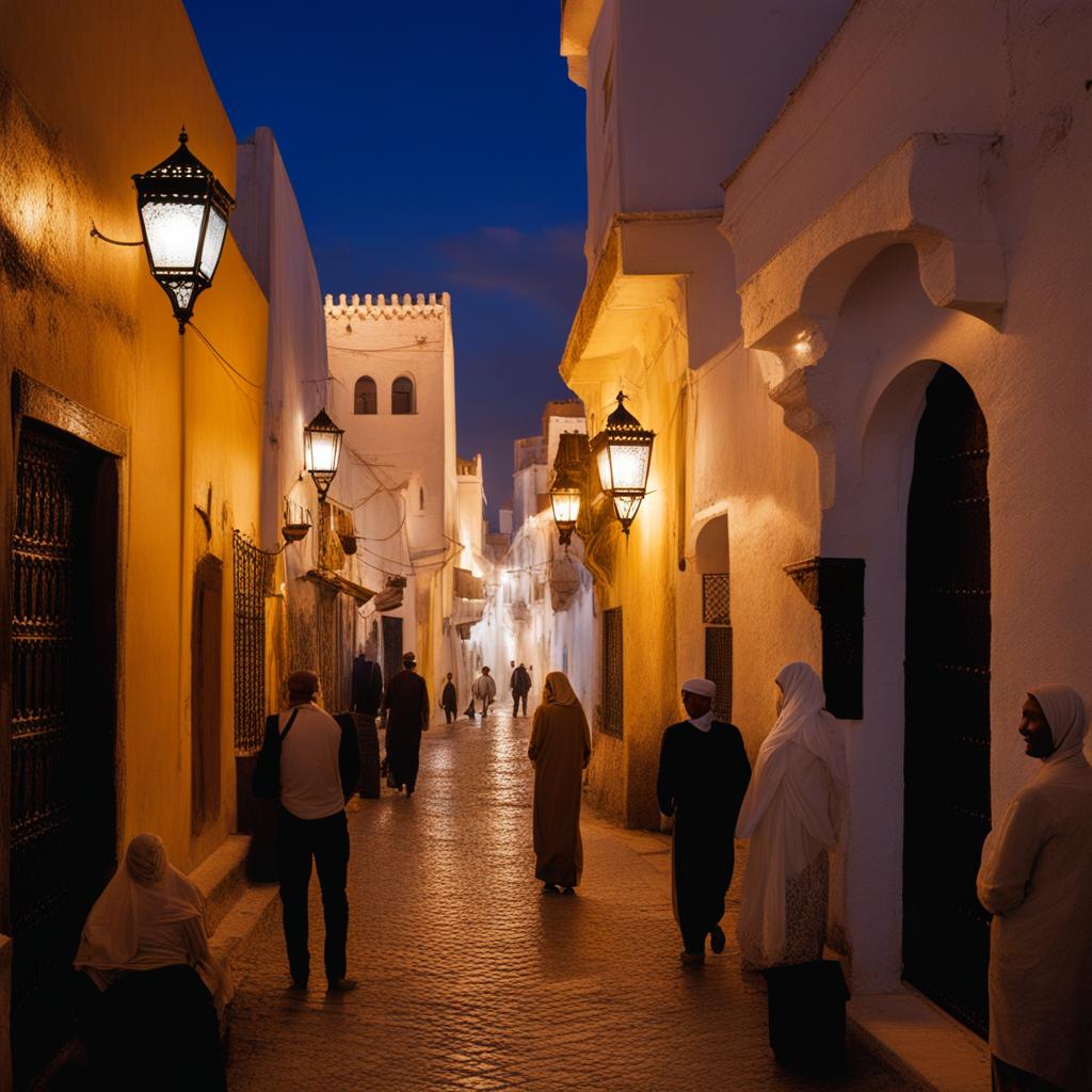 tangier, morocco - create a night scene in tangier's historic medina, where narrow alleyways and bustling markets come to life after dark. 