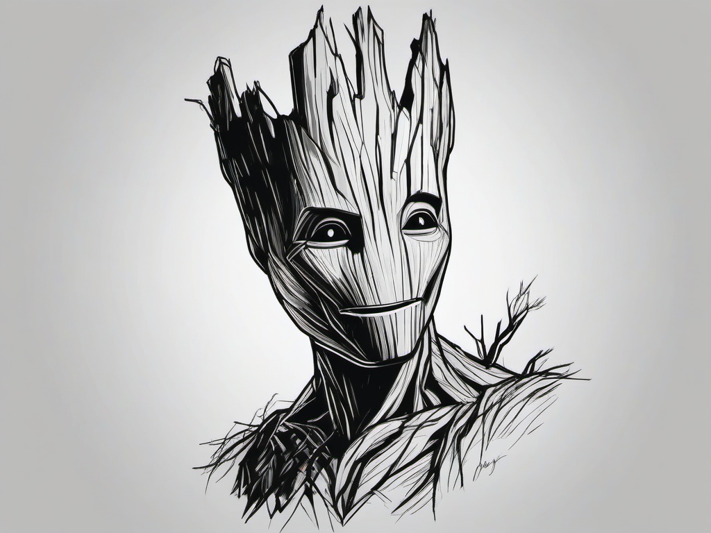 drawing of groot  minimal rough scribbles,doodles,black and white