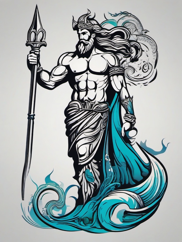 Poseidon Tattoo-Bold and intricate tattoo featuring Poseidon, capturing elements of the sea and ancient mythology.  simple color vector tattoo
