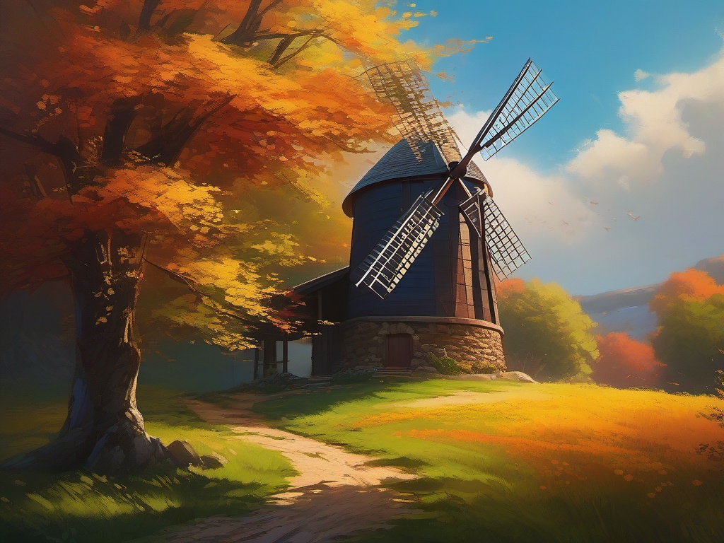 Rustic windmill, perched on a hill, turns with the power of the wind, a symbol of simplicity and harmony with nature. hyperrealistic, intricately detailed, color depth,splash art, concept art, mid shot, sharp focus, dramatic, 2/3 face angle, side light, colorful background