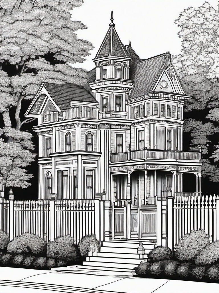 House Coloring Pages - Victorian mansion with ornate details and a picket fence  simple coloring pages