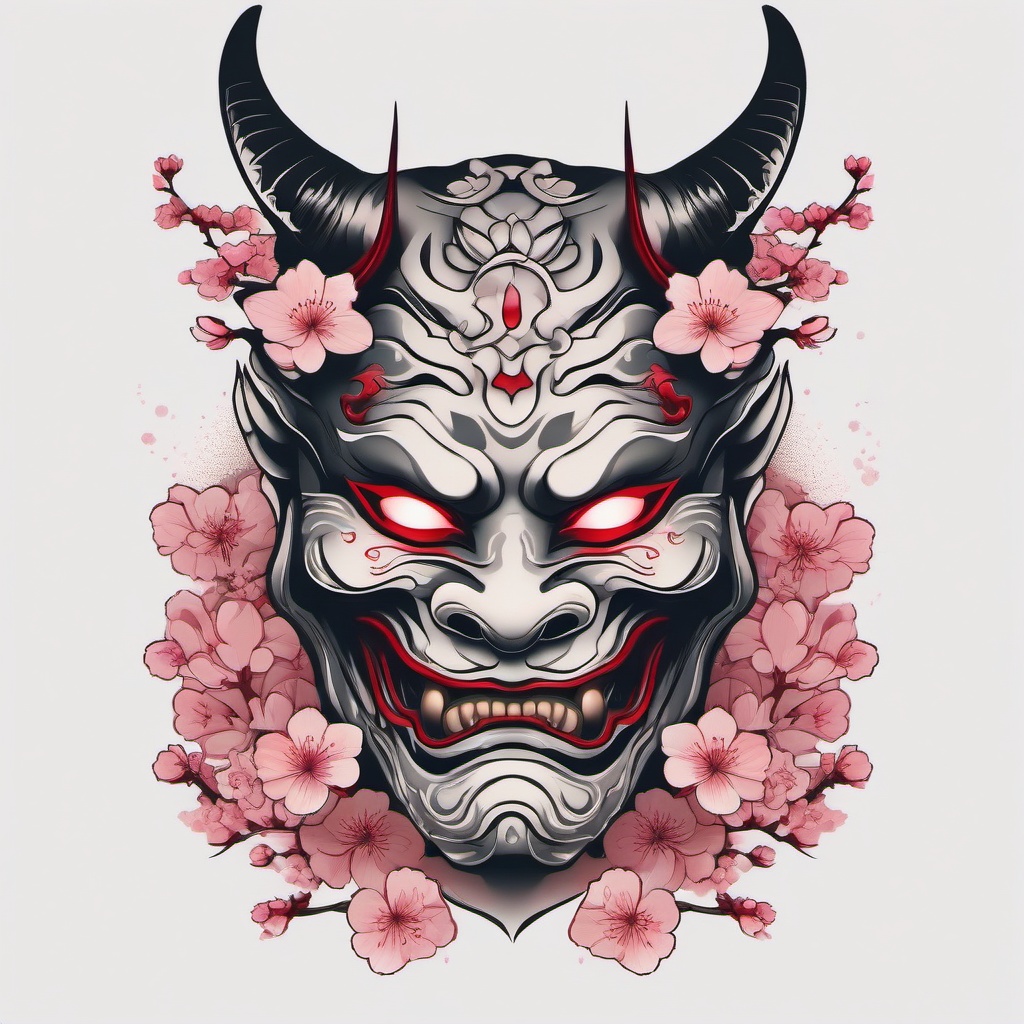 Oni Mask Cherry Blossom - Tattoo blending the iconic Oni mask with the delicate beauty of cherry blossoms.  simple color tattoo,white background,minimal