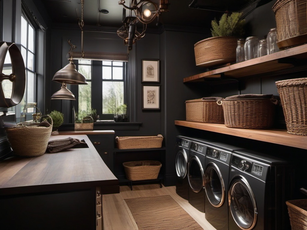 In the laundry room, steampunk interior design includes rustic shelving, vintage baskets, and industrial elements that make chores feel less tedious in a beautifully curated space.  