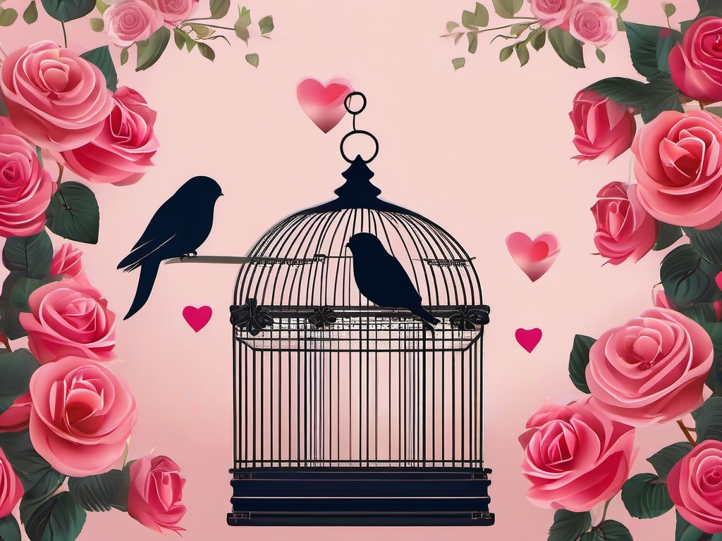 Valentines Day background - A pair of lovebirds inside a birdcage with roses  aesthetic background wallpaper