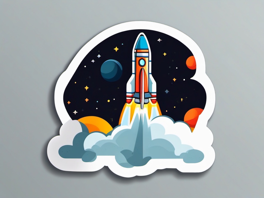 Rocket Sticker - Cartoon rocket launch, ,vector color sticker art,minimal