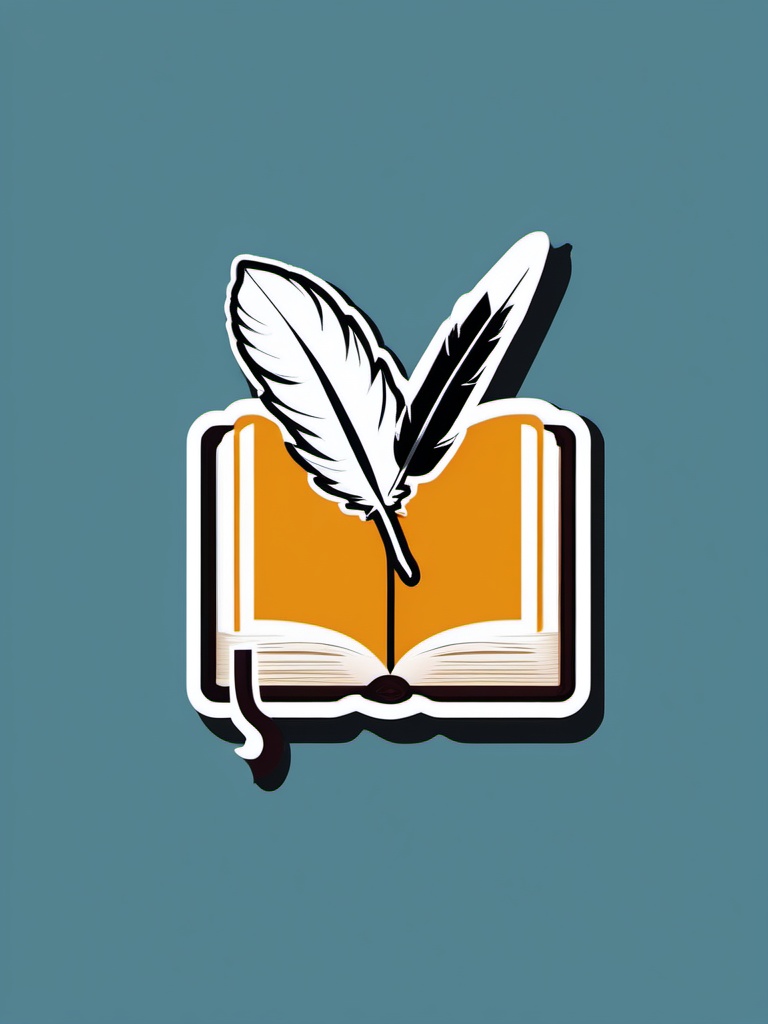 Book and Quill Sticker - Open book with a feather quill, ,vector color sticker art,minimal