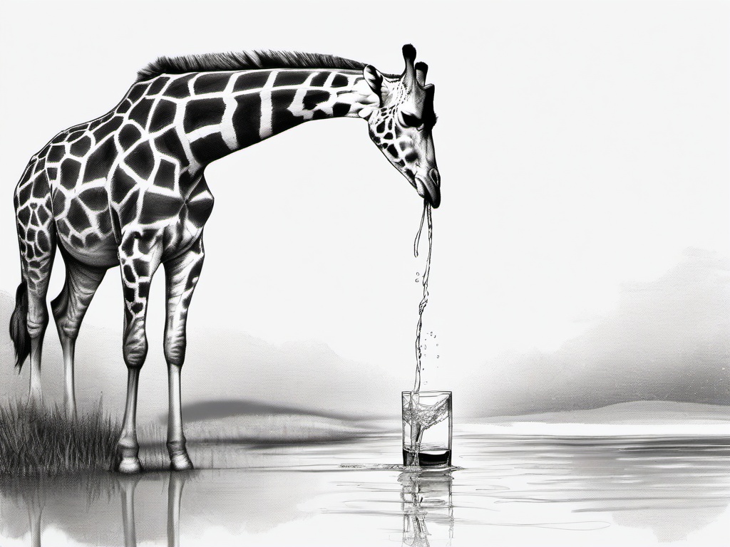 drawing of a giraffe drinking water  minimal rough sketch scribbles,doodles,black and white