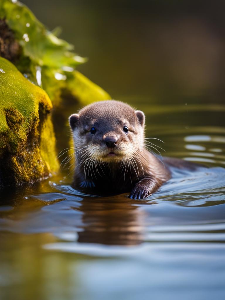 tiny otter pup floating on its back in a crystal-clear stream. 