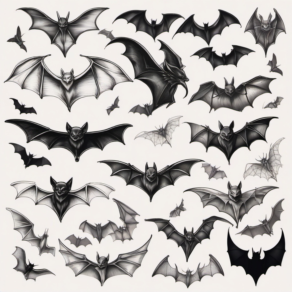 Bat Tattoo Drawings-Sketches and drawings showcasing different artistic interpretations of bat tattoos.  simple color tattoo,white background