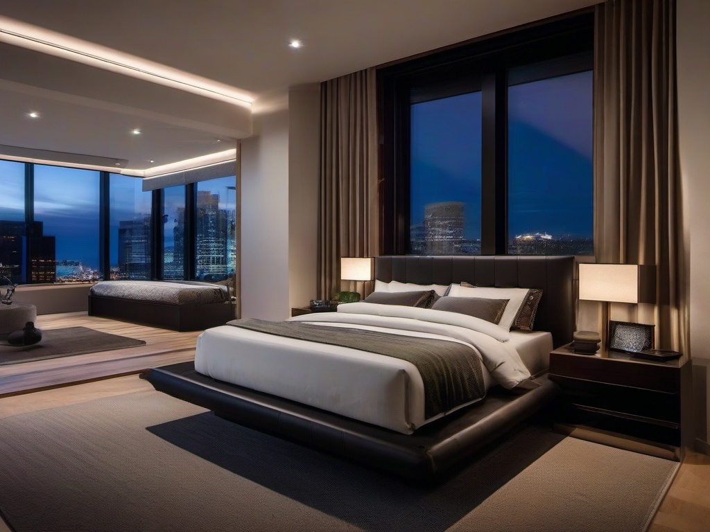 In the bedroom, High Tech interior design showcases a platform bed with built-in lighting, automated window treatments, and high-tech gadgets that enhance comfort and convenience.  