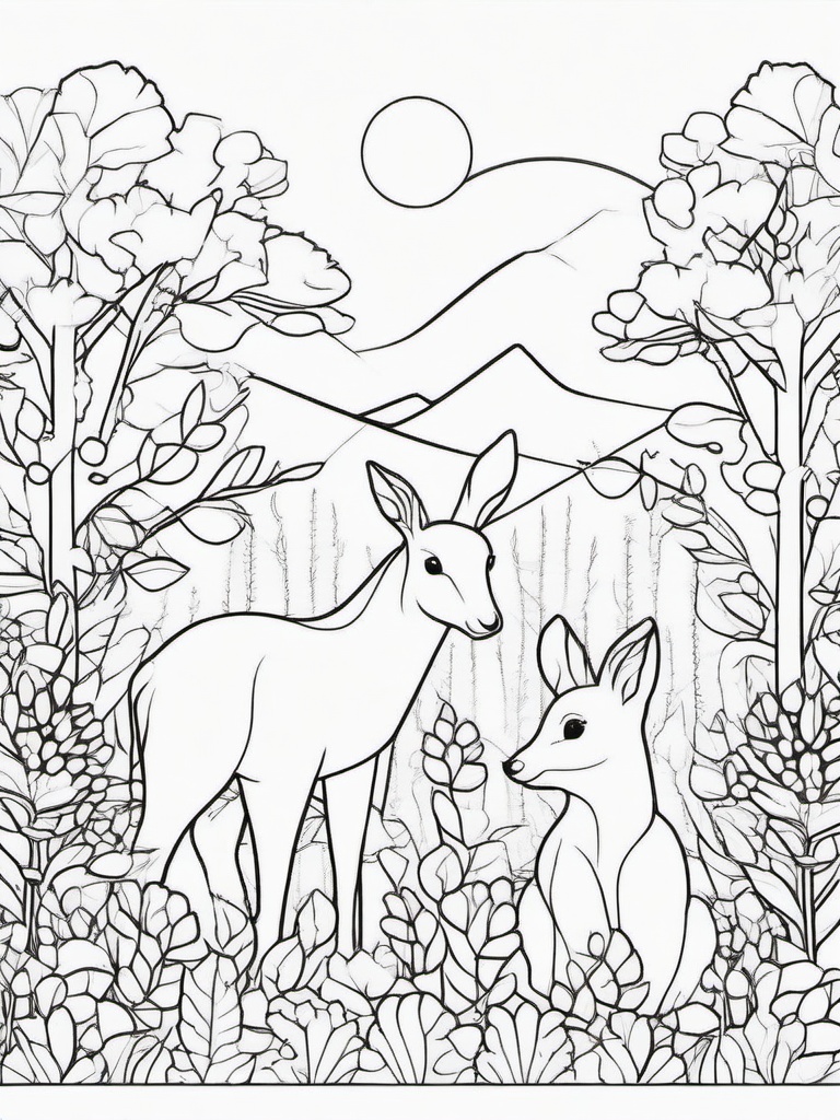 Kawaii Nature Scene Coloring Pages - Cute Animals Enjoying Nature  minimal black outline printable sheet, coloring page