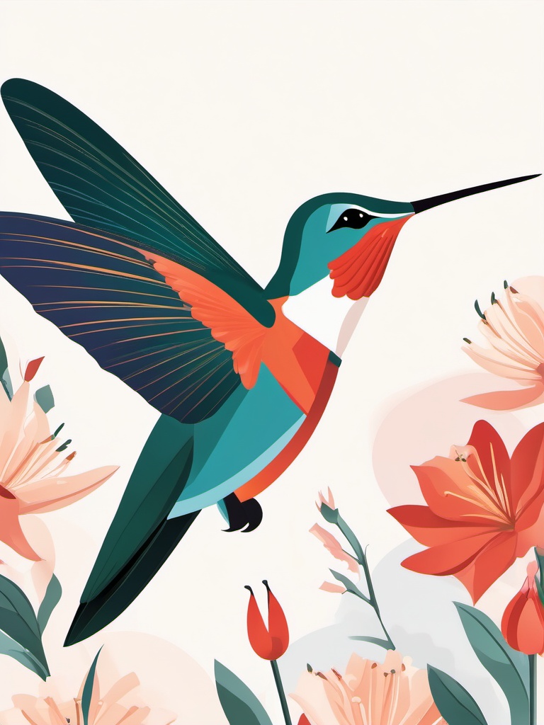 Hummingbird Clipart - Hummingbird hovering near a blooming flower , minimal, 2d