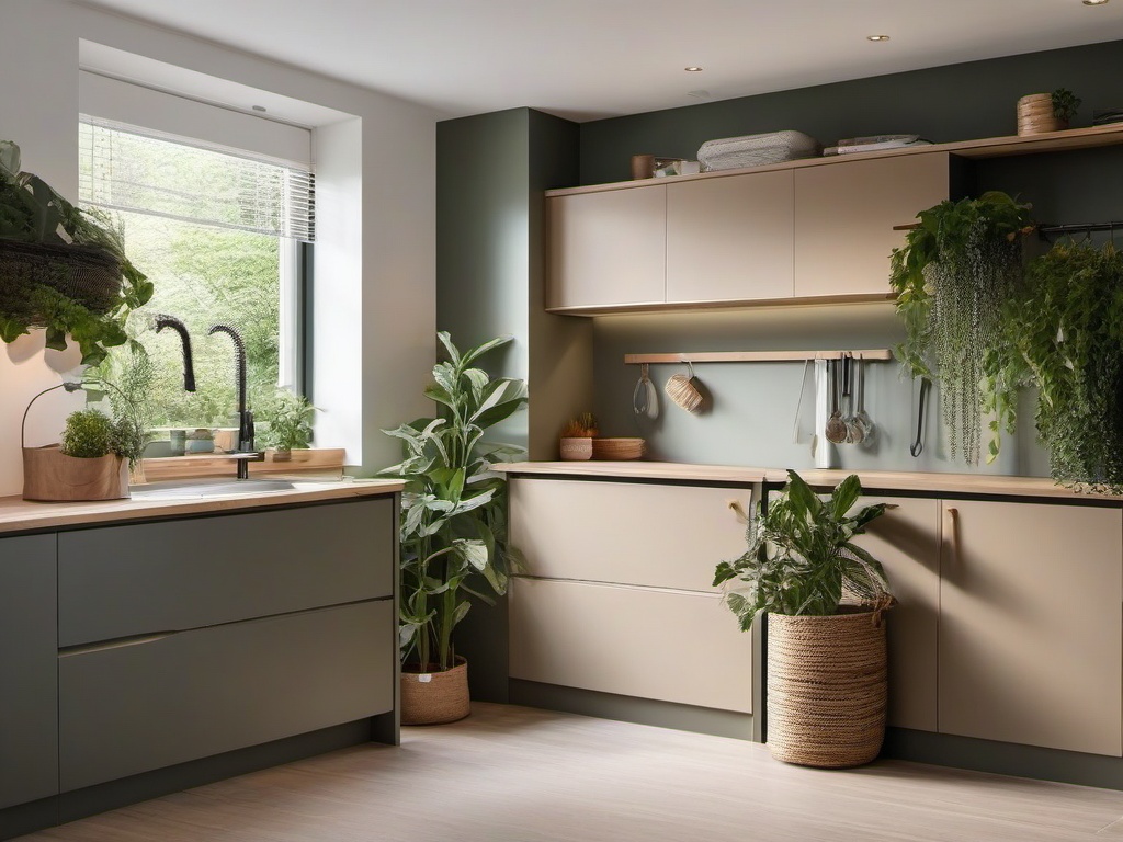 Biophilic interior design in the utility room emphasizes practical storage solutions, natural light, and plants, making chores feel lighter and more enjoyable.  