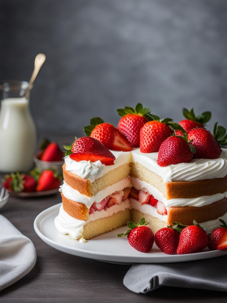 layers of moist vanilla sponge cake, sandwiched with fresh strawberries and whipped cream. 