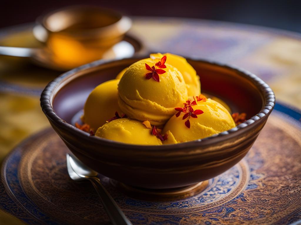 saffron ice cream, a persian specialty, relished at a tranquil tea ceremony in isfahan. 