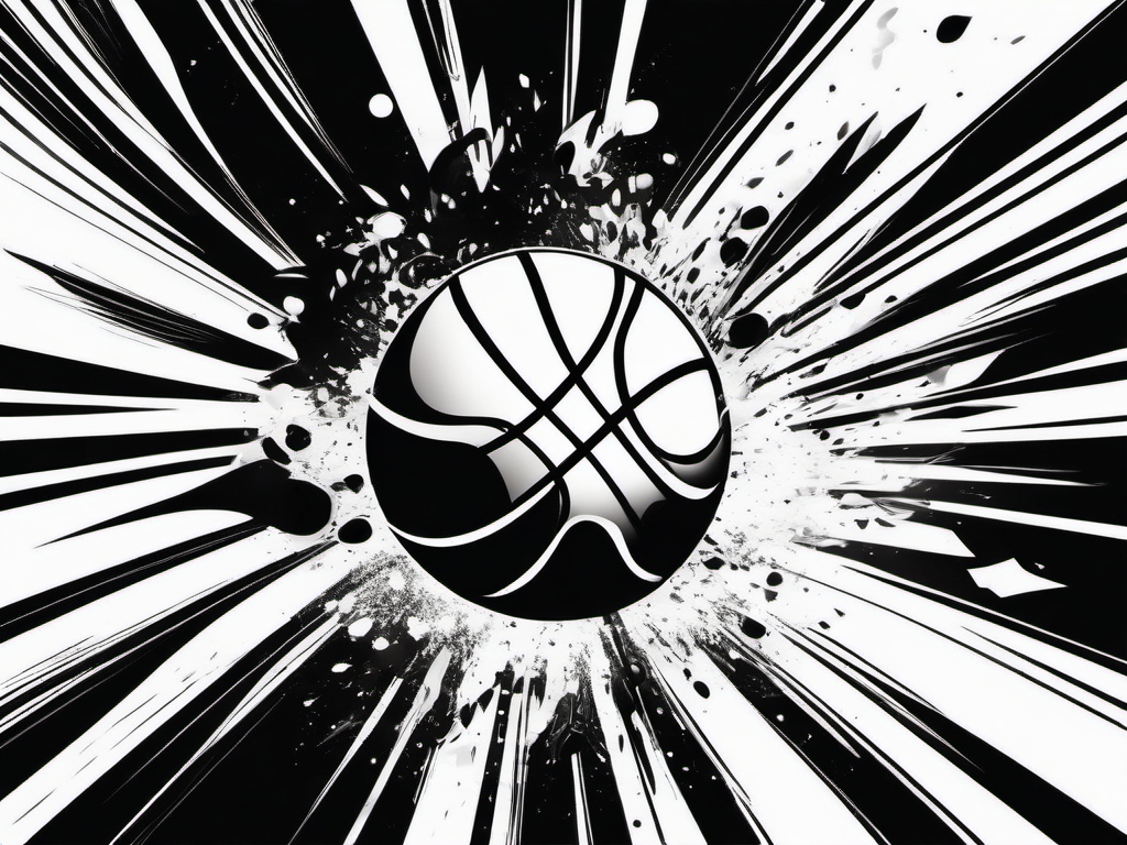 Abstract basketball explosion tattoo. Burst of energy in ink.  black white tattoo style, minimalist design,white background