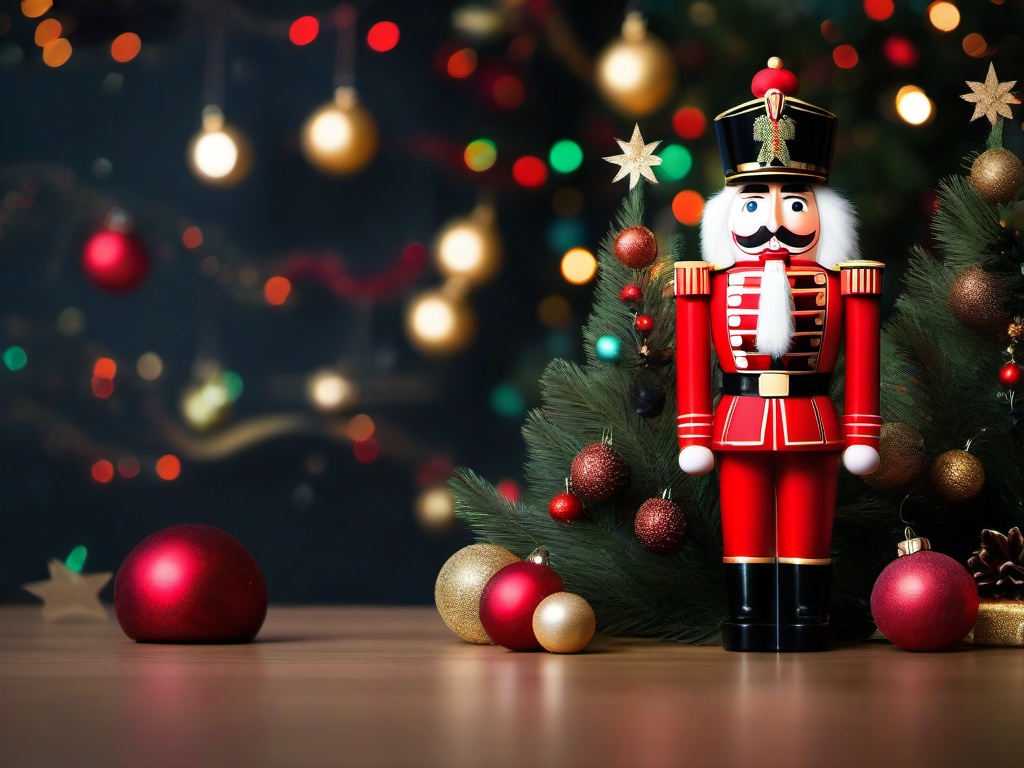 Christmas wallpaper - Nutcracker soldier in front of a festive, decorated tree  aesthetic background wallpaper